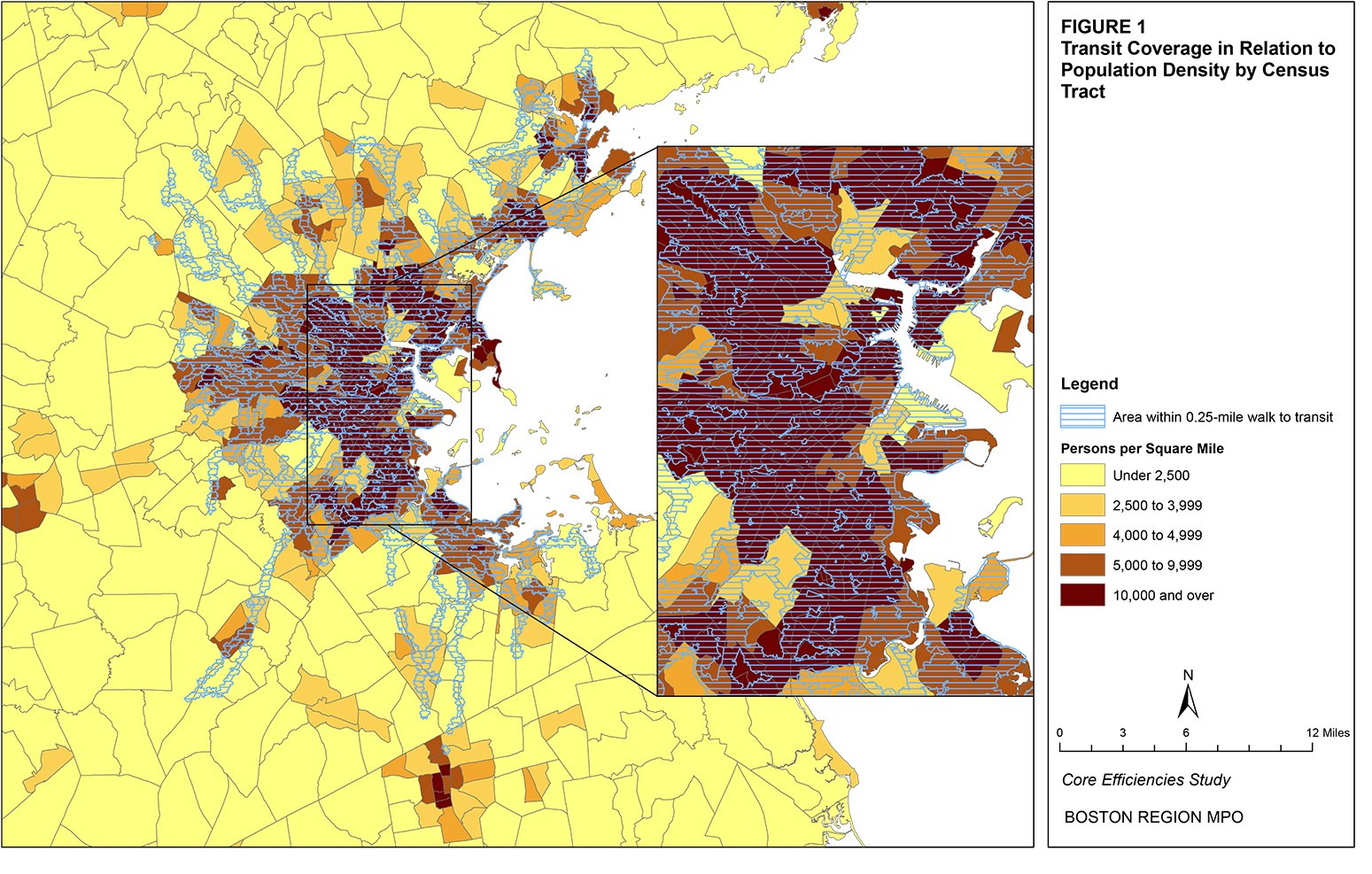 This map shows the area within a one-quarter-mile walk to a transit stop or station. The map also shows the population density by census tract.